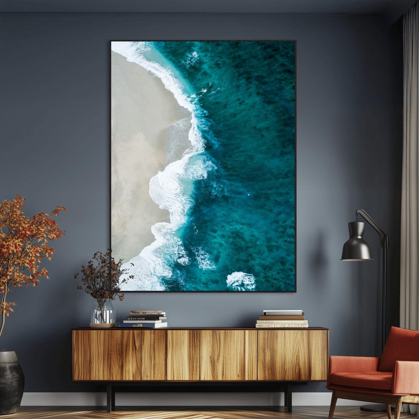 SEG-FC-51X34_Oversize - Aerial Ocean View Wall Art Canvas Print, Framed Coastal Serenity Art Picture Print, Turquoise Waves Perfect Modern Coastal Decor Artwork