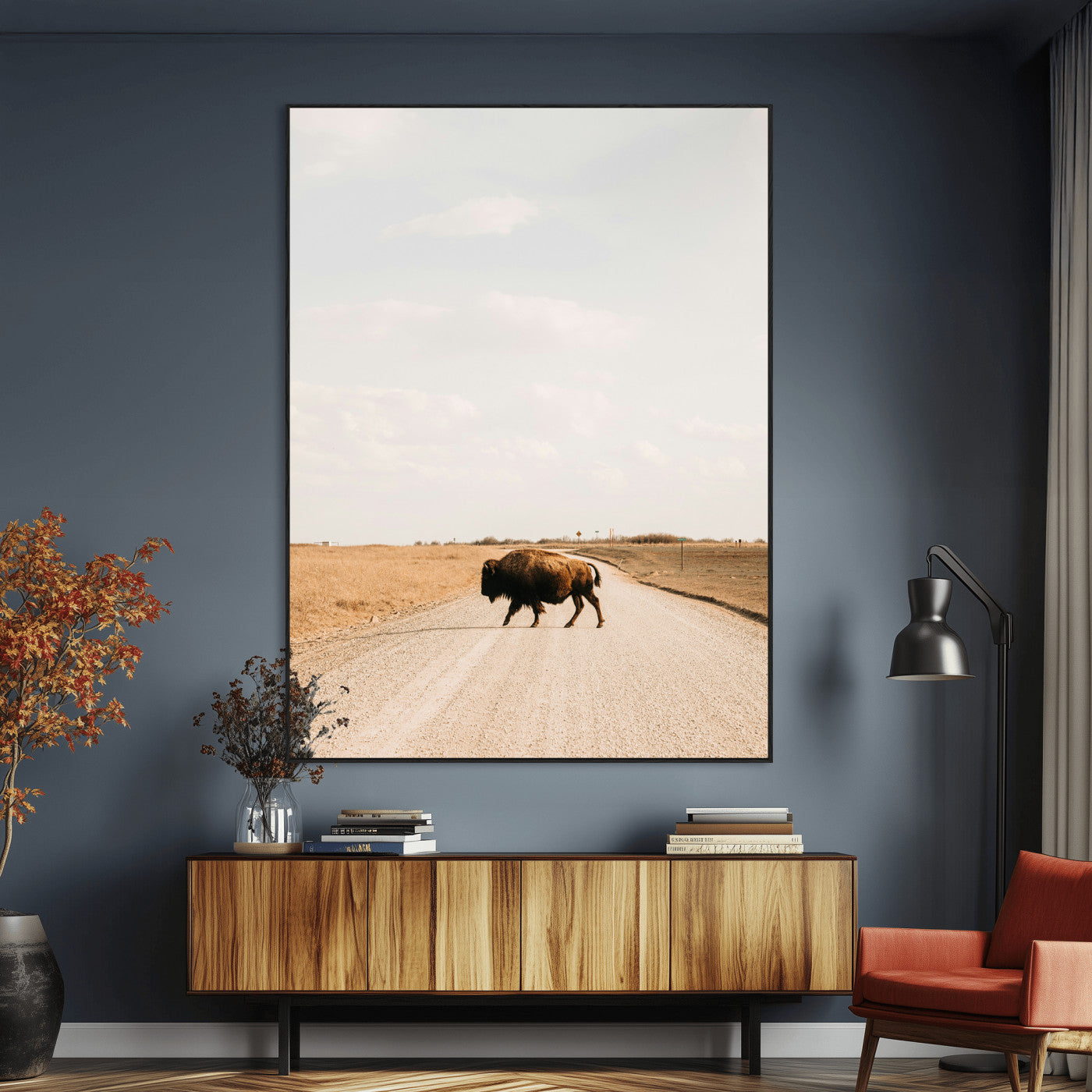 SEG-FC-51X34_Oversize - Bison Crossing Wall Art Canvas Print, Framed Western Landscape Art Picture Print, Prairie Road Perfect Modern Ranch Decor Decor Artwork