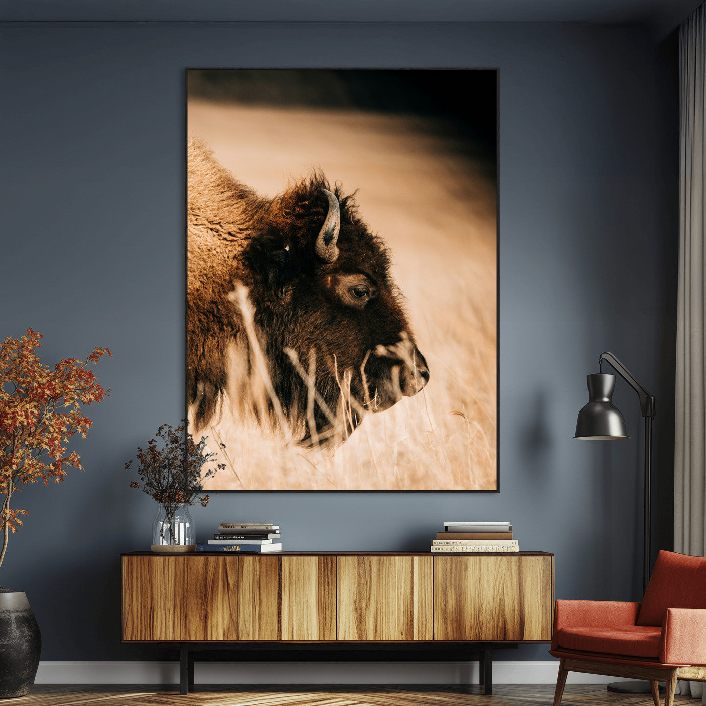 SEG-FC-51X34_Oversize - Bison Portrait Wall Art Canvas Print, Framed Western Landscape Art Picture Print, Prairie Serenity Perfect Modern Ranch Decor Decor Artwork