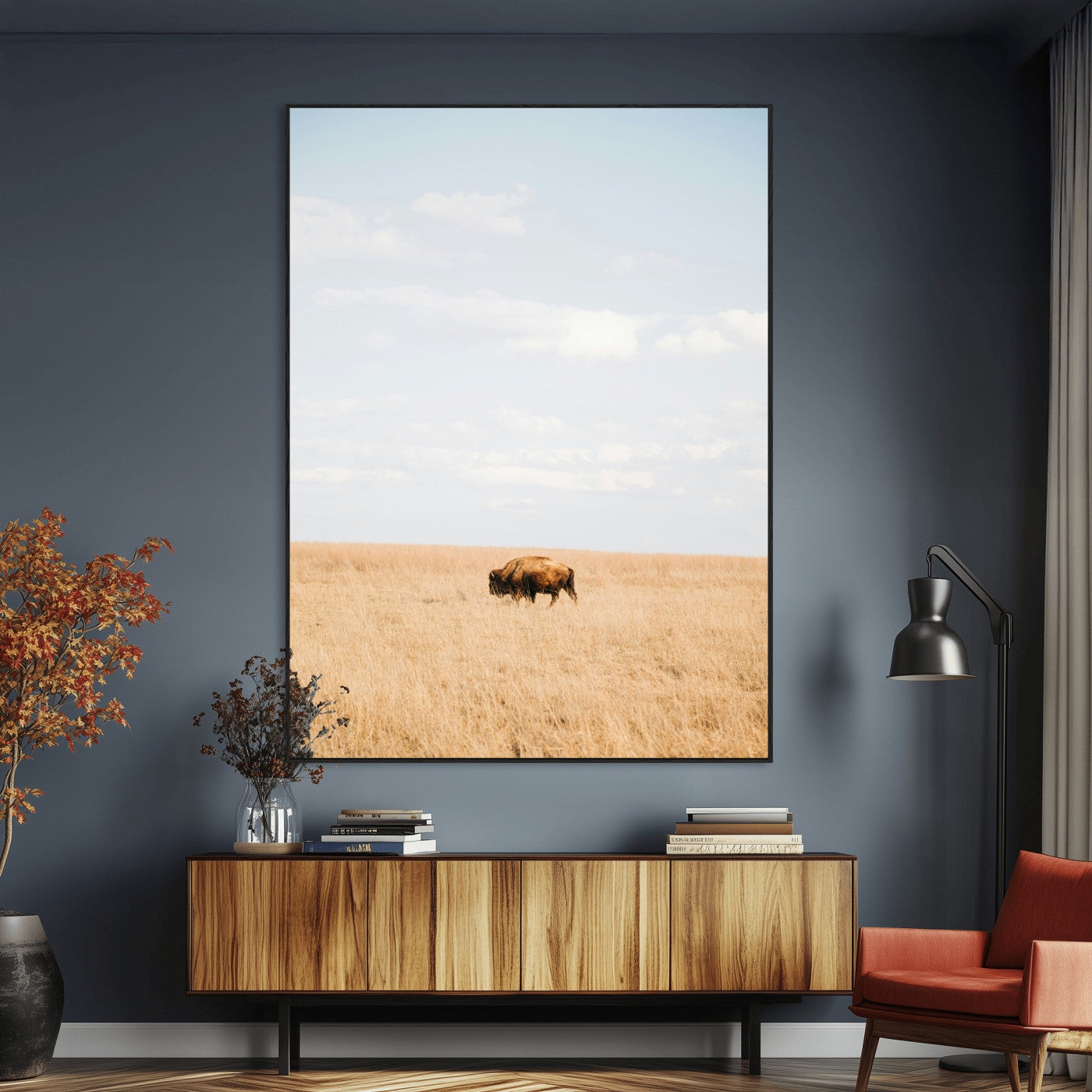 96766166-MGV-CV-24X36-Minimalist Nature Wall Art Canvas Print, Framed Bison In Grassland Art Picture Print, Open Field