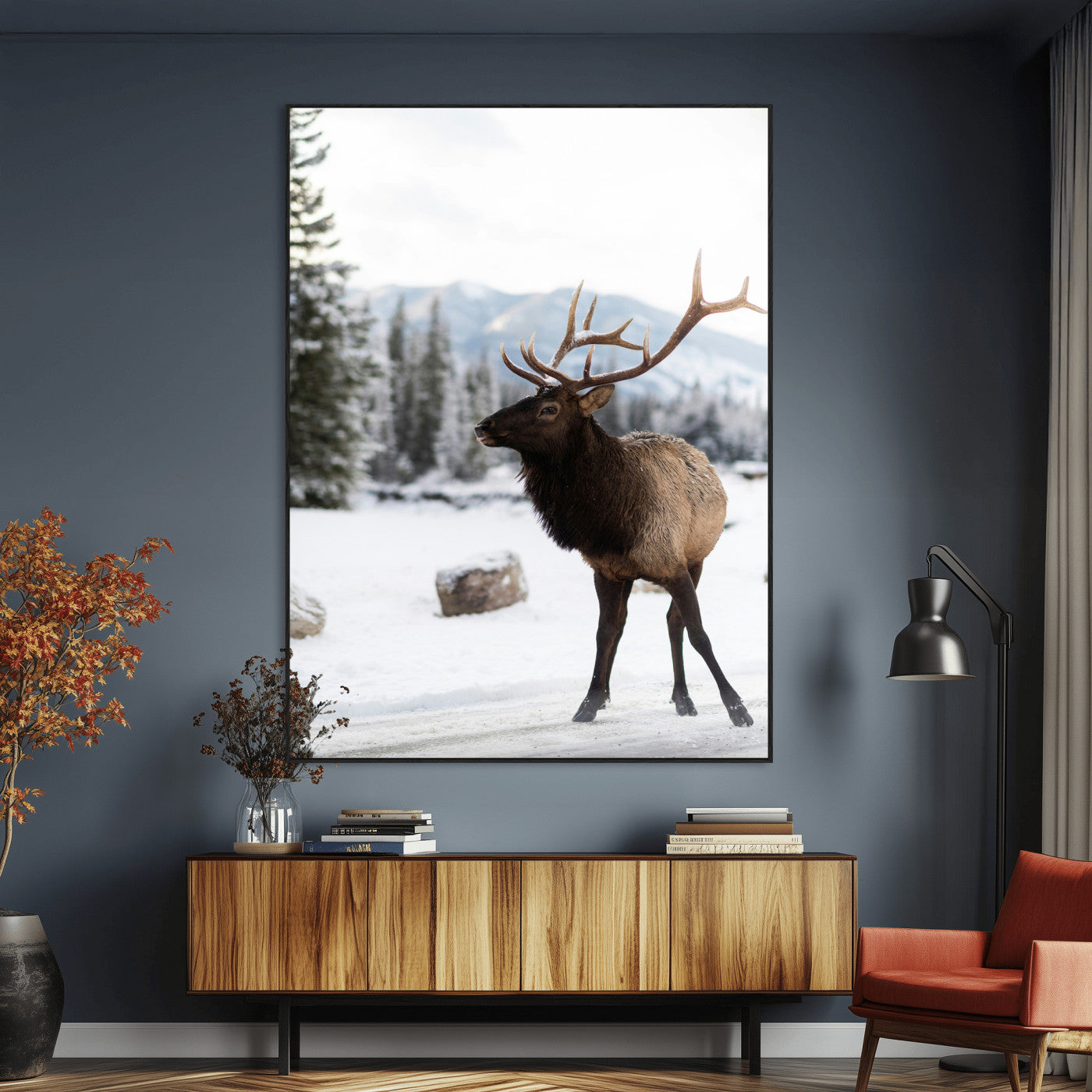 SEG-FC-51X34_Oversize - Elk Photography Wall Art Canvas Print, Framed Winter Wildlife Art Picture Print, Snowy Mountains Perfect Rustic Cabin Decor Decor Artwork