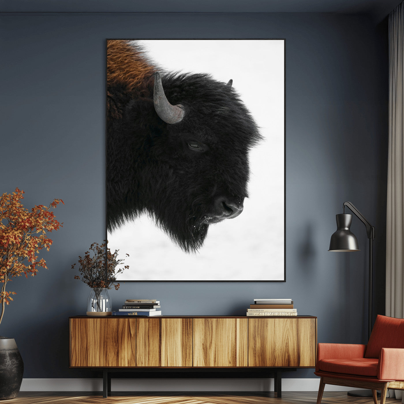 SEG-FC-51X34_Oversize - Western Rustic Wall Art Canvas Print, Framed Buffalo Photography Art Picture Print, Black and White Wildlife Perfect Country Decor Artwork