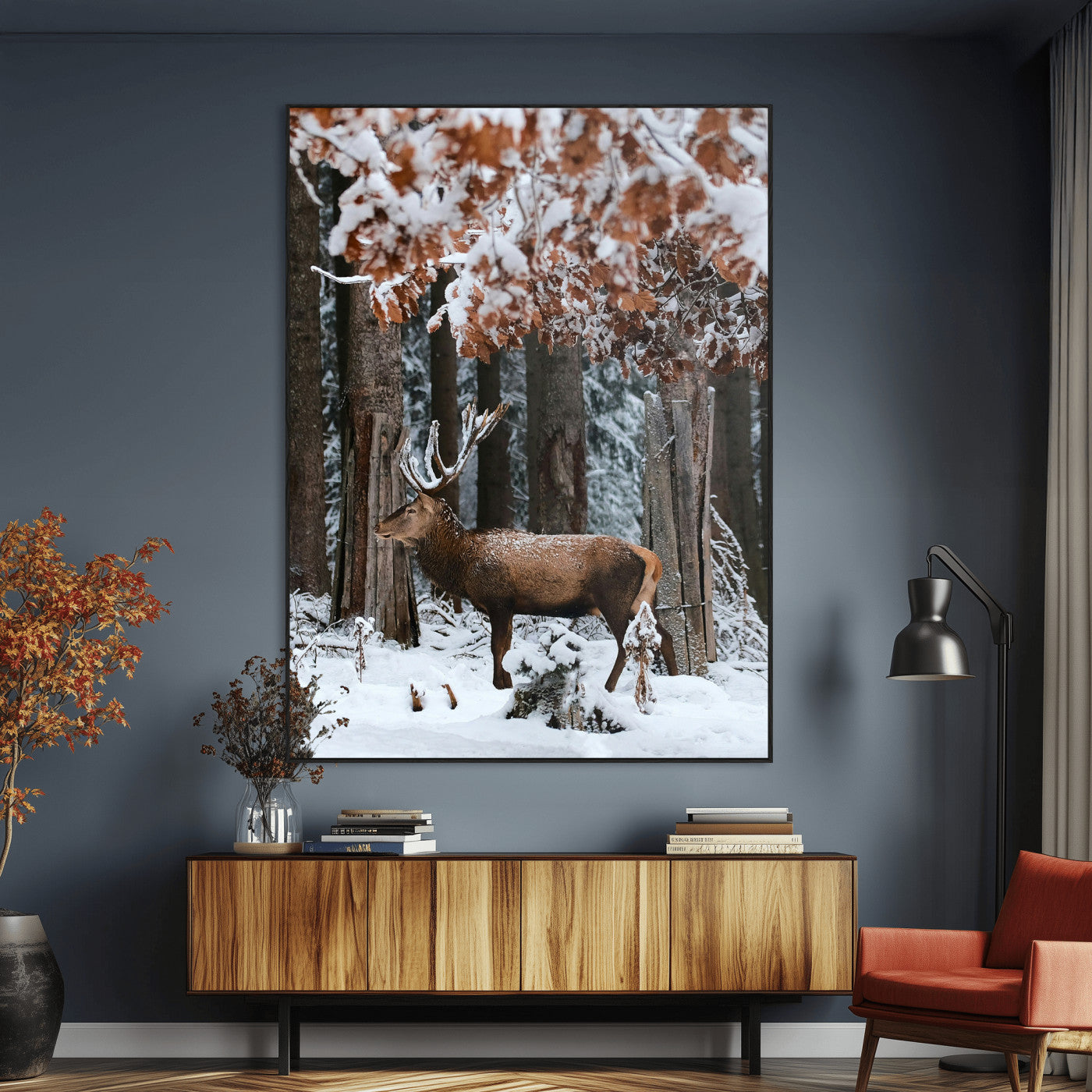 SEG-FC-51X34_Oversize - Serene Landscape Wall Art Canvas Print, Framed Winter Wonderland Art Picture Print, Winter Deer Perfect Cabin Decor Artwork