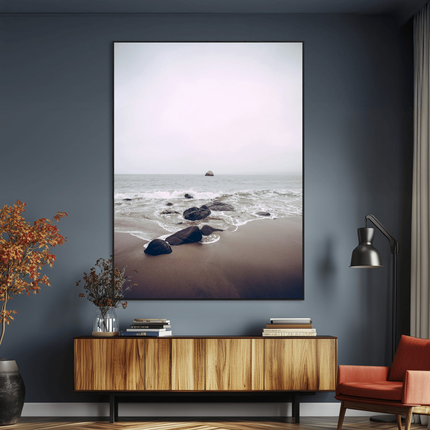 SEG-FC-51X34_Oversize - Moody Seascape Wall Art Canvas Print, Framed Neutral Beach Art Picture Print, Foggy Ocean Perfect Minimalist Decor Artwork