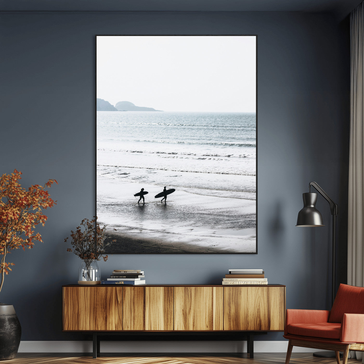SEG-FC-51X34_Oversize - Surfer Silhouettes Wall Art Canvas Print, Framed Minimalist Ocean Art Picture Print, Soft Horizon Perfect Minimalist Coastal Decor Artwork