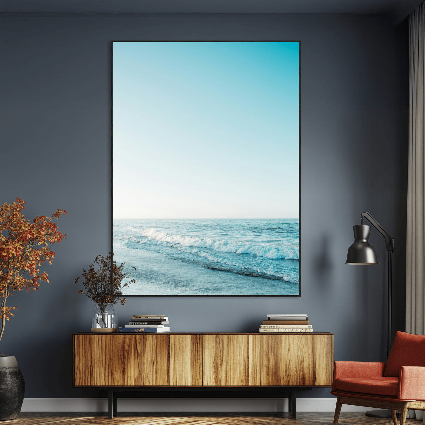 SEG-FC-51X34_Oversize - Minimalist Ocean Wall Art Canvas Print, Framed Calm Seascape Art Picture Print, Soft Blue Tones Perfect Coastal Minimalist Decor Artwork