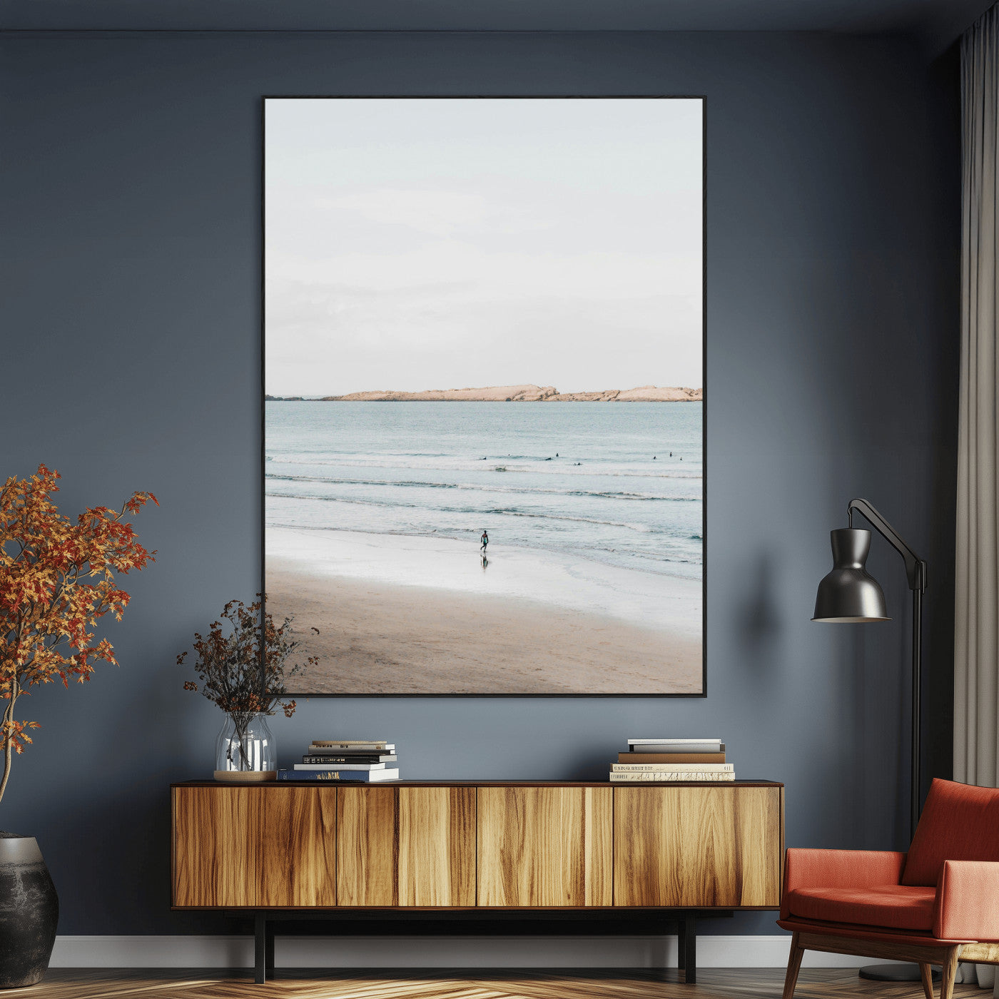SEG-FC-51X34_Oversize - Minimalist Beach Wall Art Canvas Print, Framed Soft Blue Tones Art Picture Print, Tranquil Ocean Perfect Coastal Minimalist Decor Artwork
