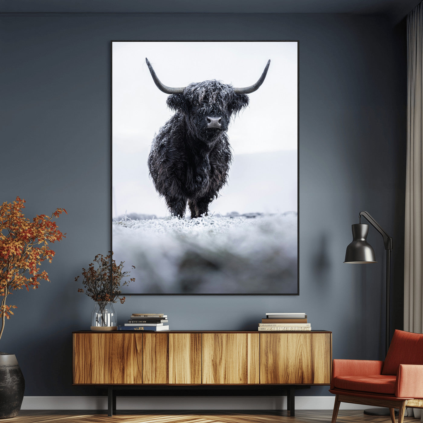 SEG-FC-51X34_Oversize - Frosty Black Highland Wall Art Canvas Print, Framed Moody Winter Aesthetic Art Picture Print, Scottish Highlands Perfect Modern Rustic Decor Artwork
