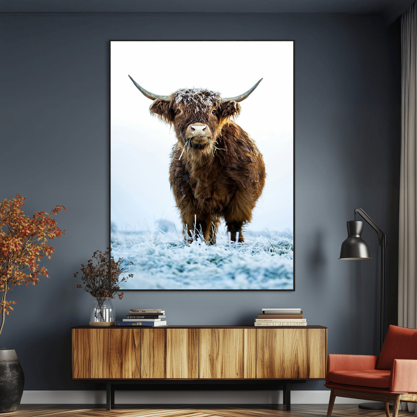 SEG-FC-51X34_Oversize - Highland Cow Wall Art Canvas Print, Framed Frosty Grass Art Picture Print, Winter Scene Perfect Rustic Farmhouse Decor Artwork
