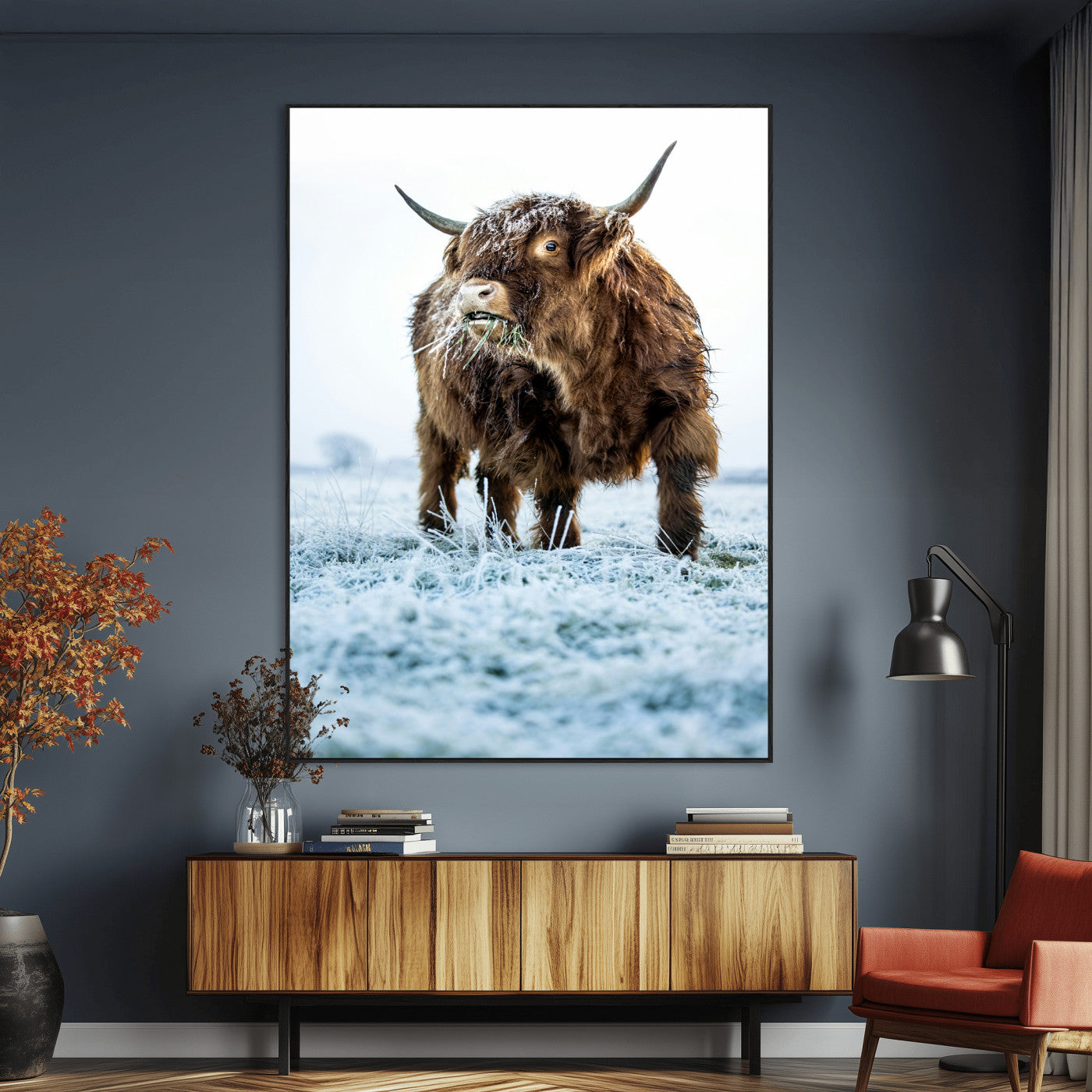 SEG-FC-51X34_Oversize - Minimalist Scottish Highlang Cow Wall Art Canvas Print for Farmhouse / County Style Art Print for
