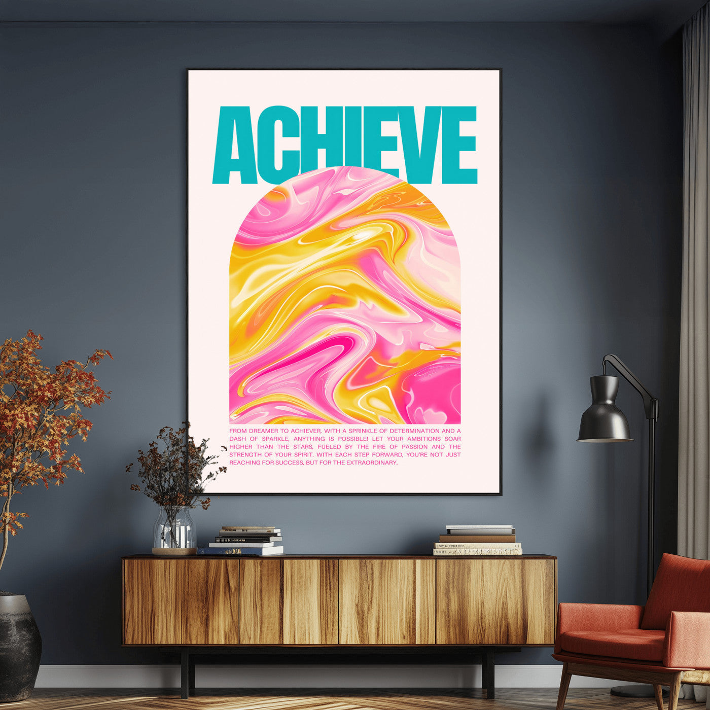 SEG-FC-51X34_Oversize - Achieve Motivational Poster Canvas Wall Art – Inspirational Abstract Pink & Yellow Swirls, Positive Quote Decor for Office, Home