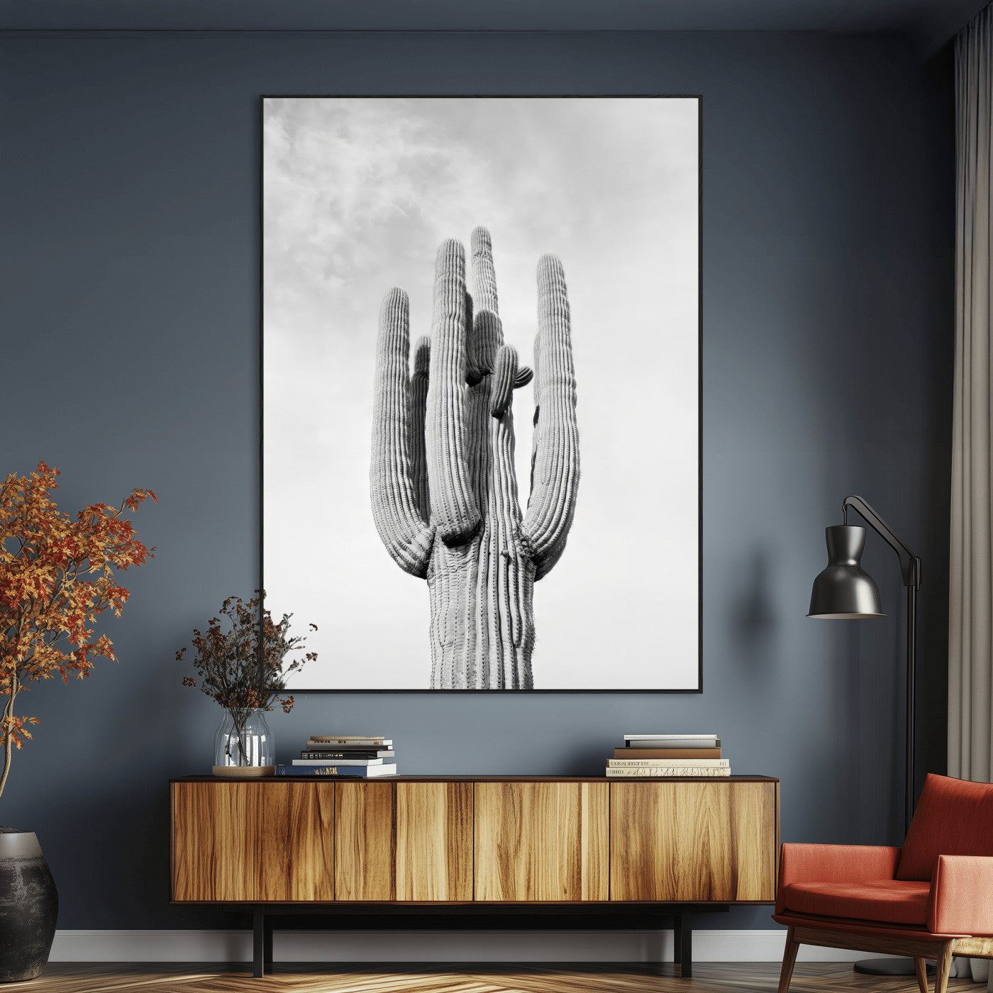 SEG-FC-51X34_Oversize - Saguaro Cactus Wall Art – Black and White Desert Landscape Canvas Print, Modern Minimalist Nature Decor for Home, Office, Living Room