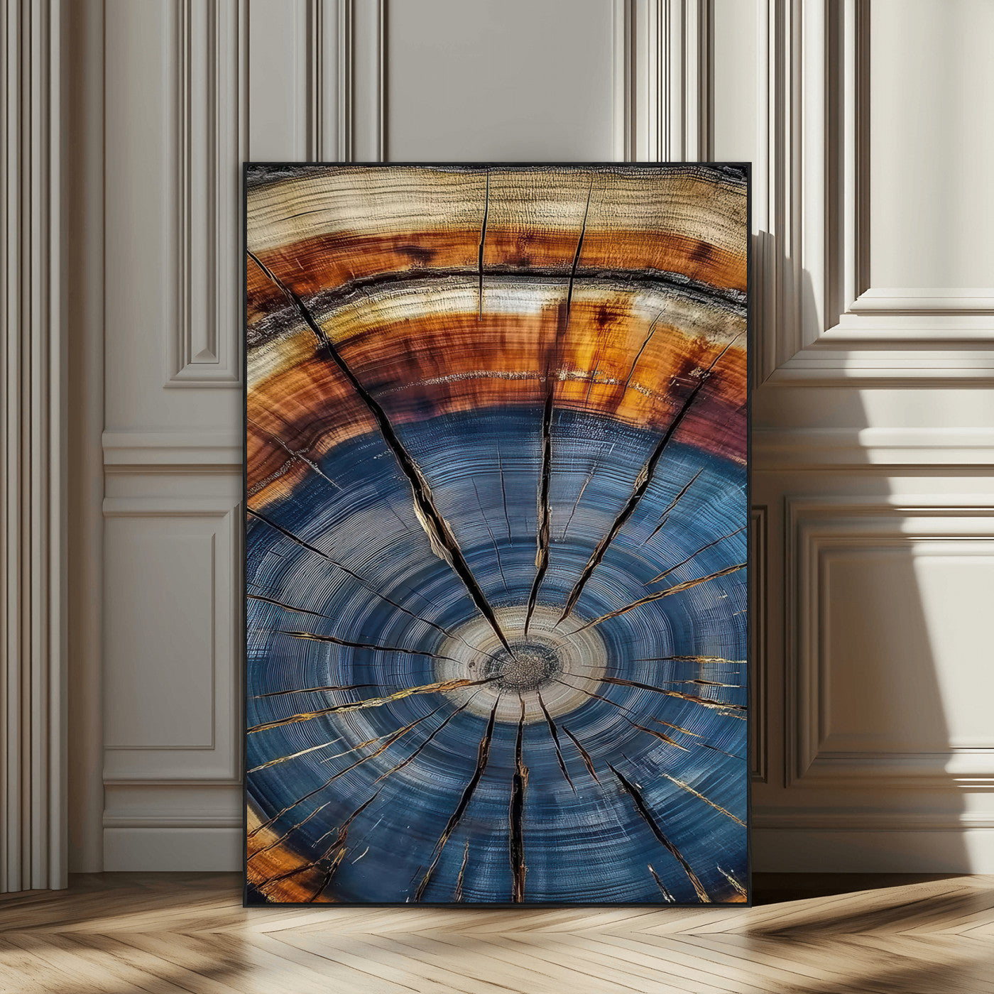 SEG-FC-51X34_Oversize - Tree Rings Wall Art Canvas Print, Framed Wood Texture Art Picture Print, Blue Grain Perfect Rustic Modern Decor Artwork