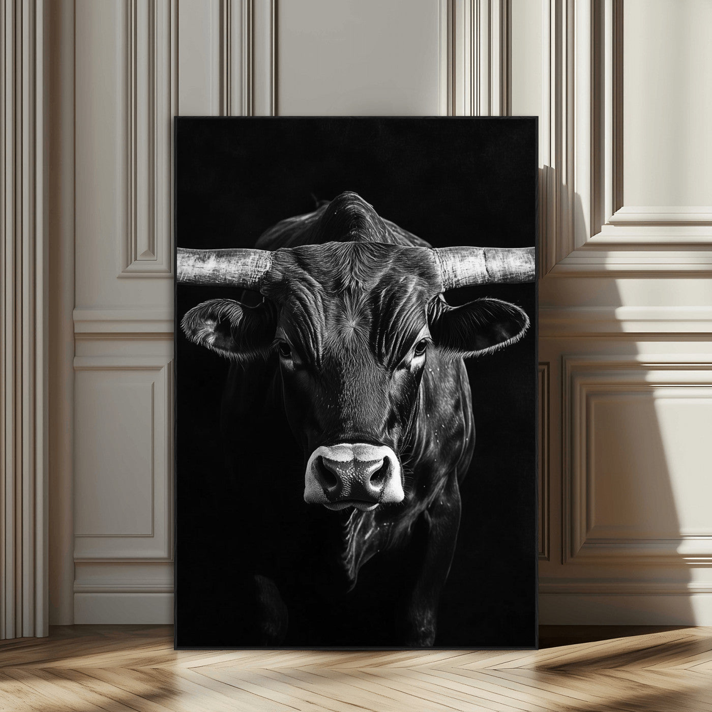 SEG-FC-51X34_Oversize - Texas Longhorn Wall Art Canvas Print, Framed Monochrome Bull Art Picture Print, Horned Bull Perfect Minimalist Western Decor Artwork