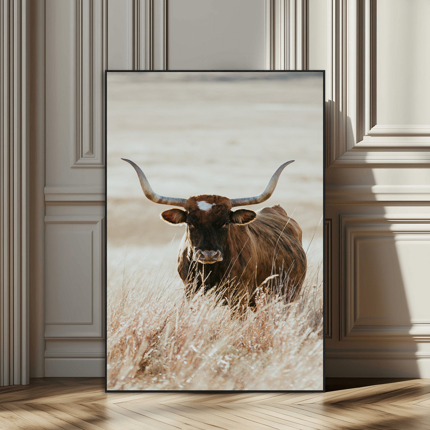 SEG-FC-51X34_Oversize - Texas Longhorn Wall Art Canvas Print, Framed Brown Cattle Art Picture Print, Horned Bull Perfect Rustic Western Decor Artwork