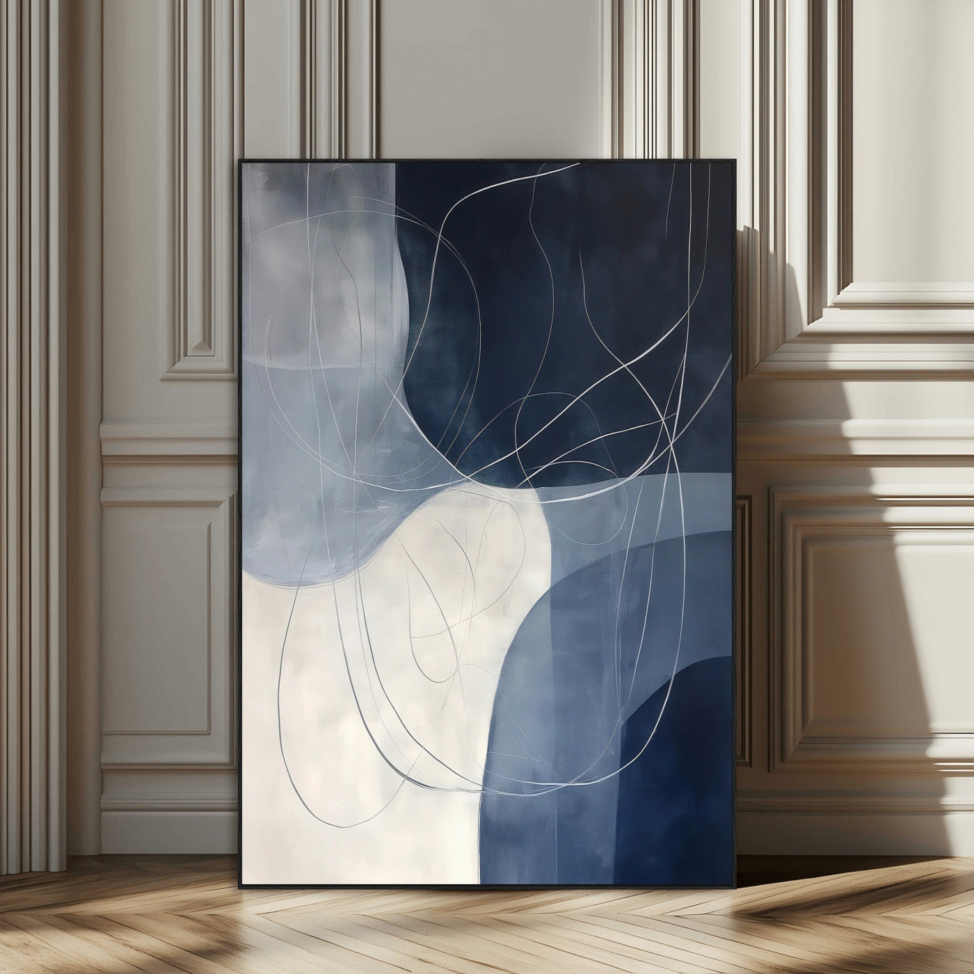 SEG-FC-51X34_Oversize - Navy Abstract Wall Art Canvas Print, Framed Minimal Lineart Art Picture Print, Abstract Shapes Perfect Minimalist Abstract Decor Artwork