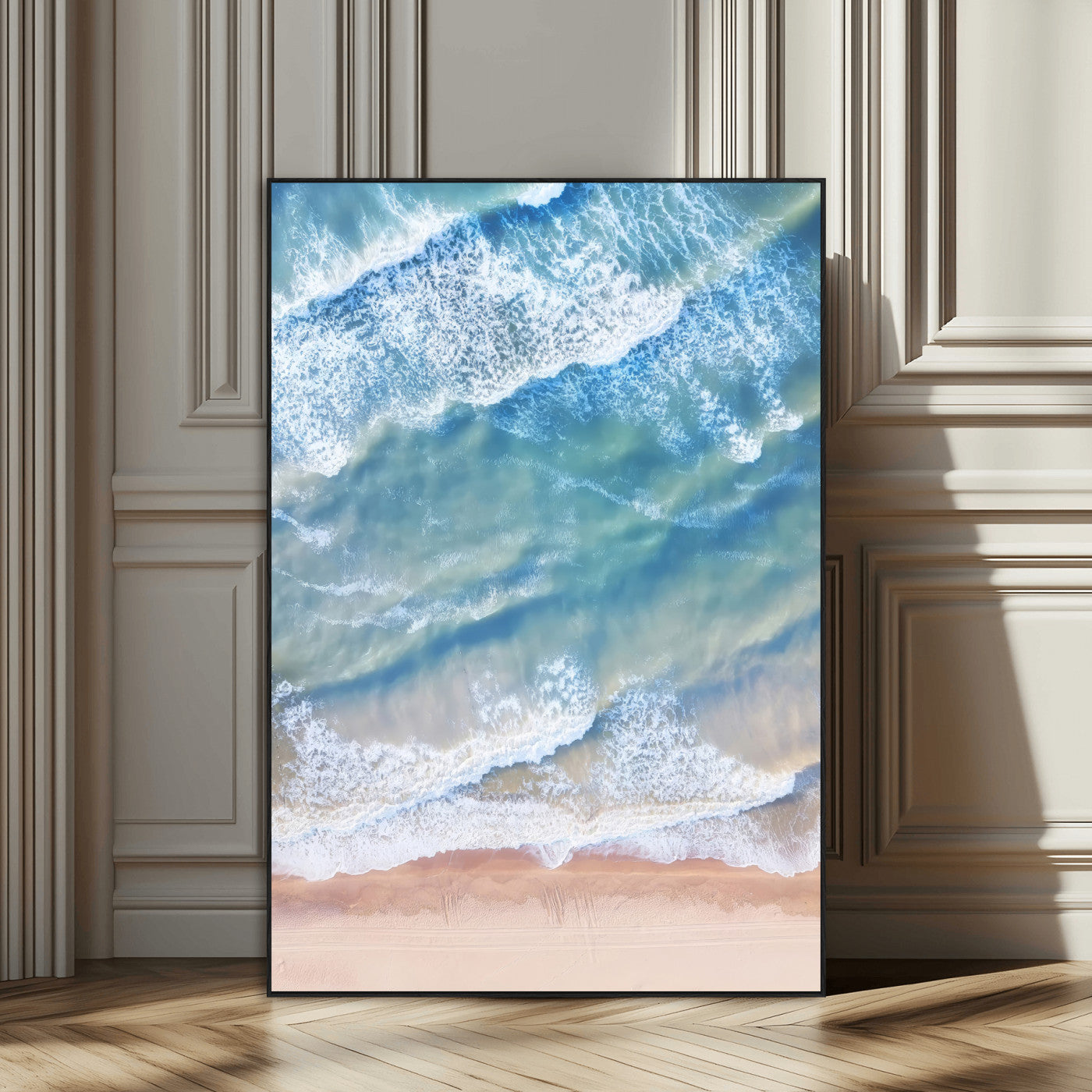 SEG-FC-51X34_Oversize - Aerial Ocean View Wall Art Canvas Print, Framed Soft Blue Waves Art Picture Print, Sandy Shoreline Perfect Modern Coastal Decor Artwork