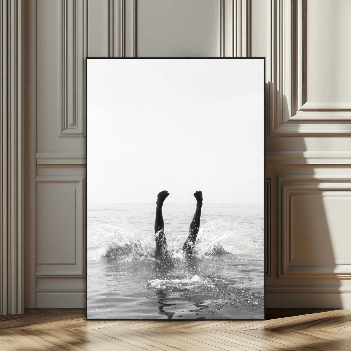 SEG-FC-51X34_Oversize - Minimal Ocean Wall Art Canvas Print, Framed Monochrome Diving Art Picture Print, Swimmer in Sea Perfect Minimalist Coastal Decor Artwork