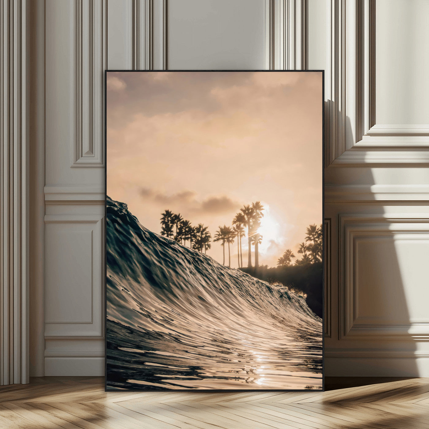 SEG-FC-51X34_Oversize - Golden Hour Ocean Wave Wall Art Canvas Print, Framed Tropical Beach Sunset Art Picture Print, Palm Tree Silhouettes Perfect Tropical Coastal Decor Artwork