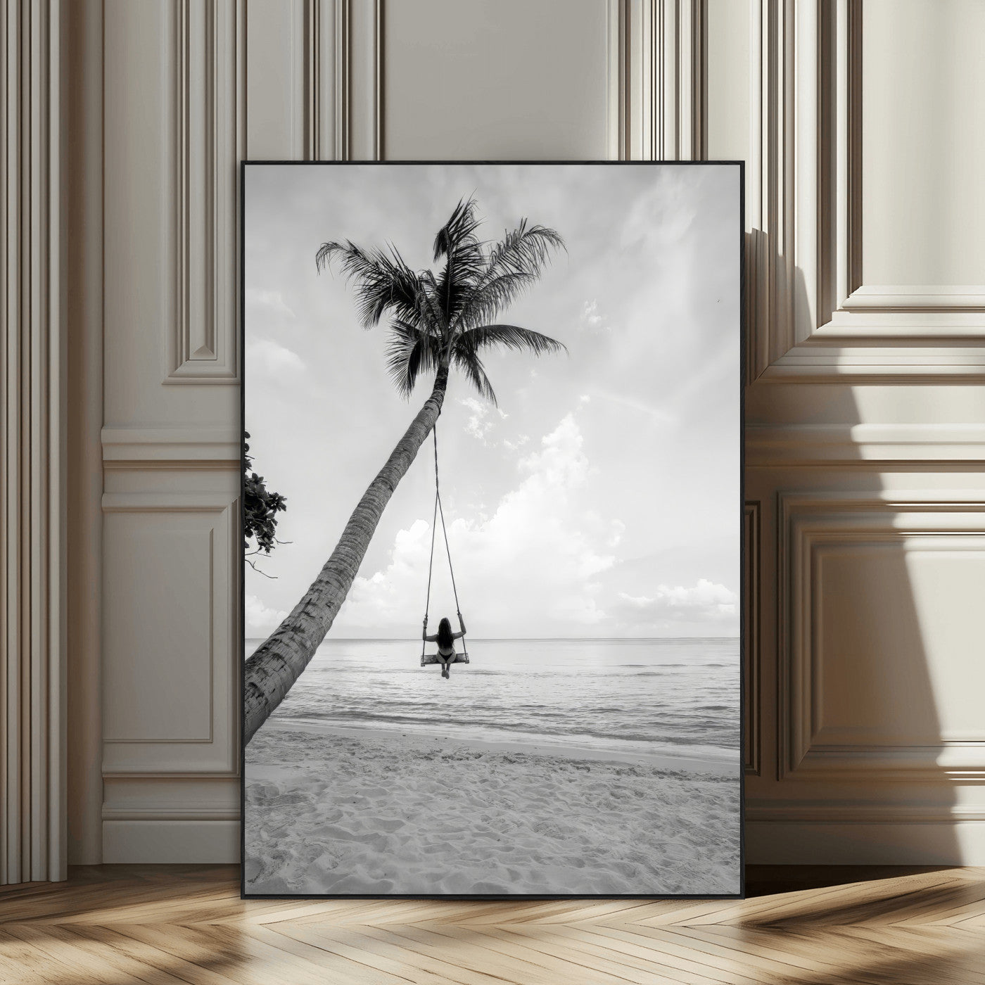 SEG-FC-51X34_Oversize - Black White Palm Tree Wall Art Canvas Print, Framed Minimalist Beach Swing Art Picture Print, Monochrome Coastal Perfect Minimalist Coastal Decor Artwork