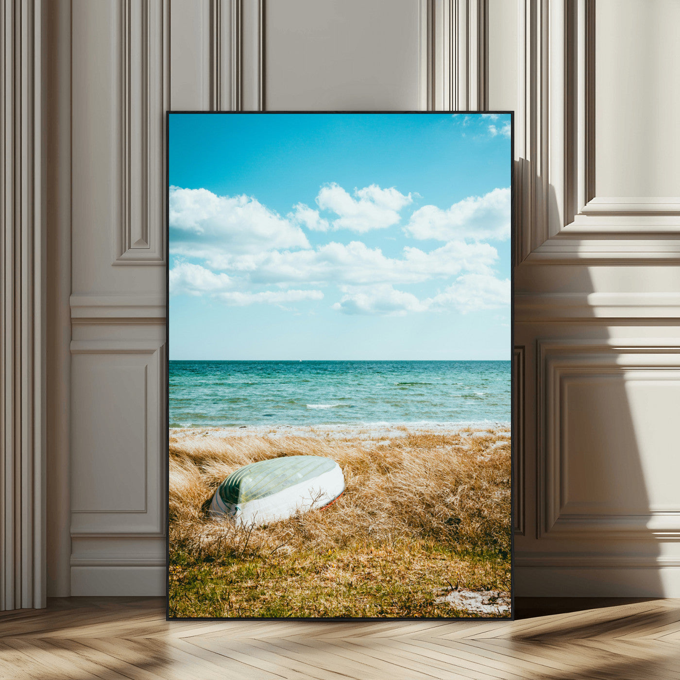 SEG-FC-51X34_Oversize - Coastal Serenity Wall Art Canvas Print, Framed Ocean View Art Picture Print, Rustic Boat Perfect Nautical Coastal Decor Artwork