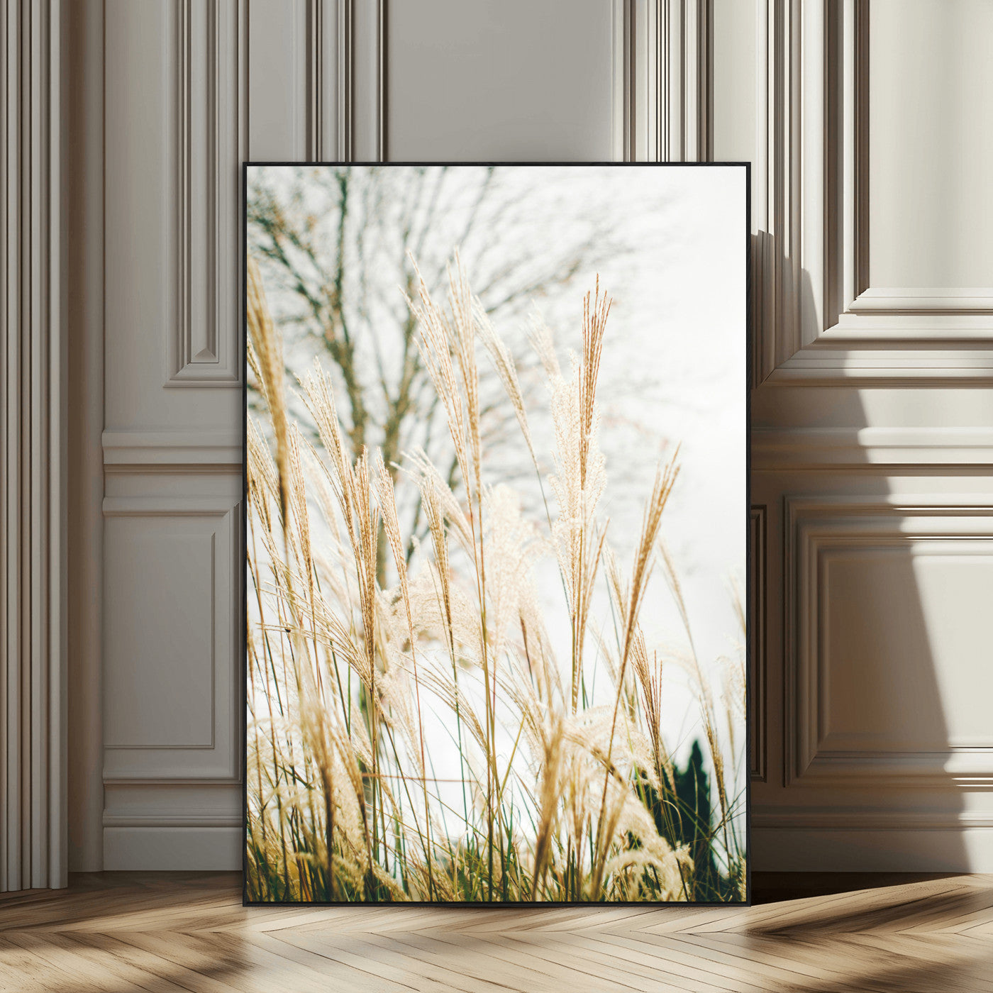 SEG-FC-51X34_Oversize - Pampas Grass Wall Art Canvas Print, Framed Neutral Tones Art Picture Print, Minimalist Nature Perfect Boho Minimalist Decor Artwork