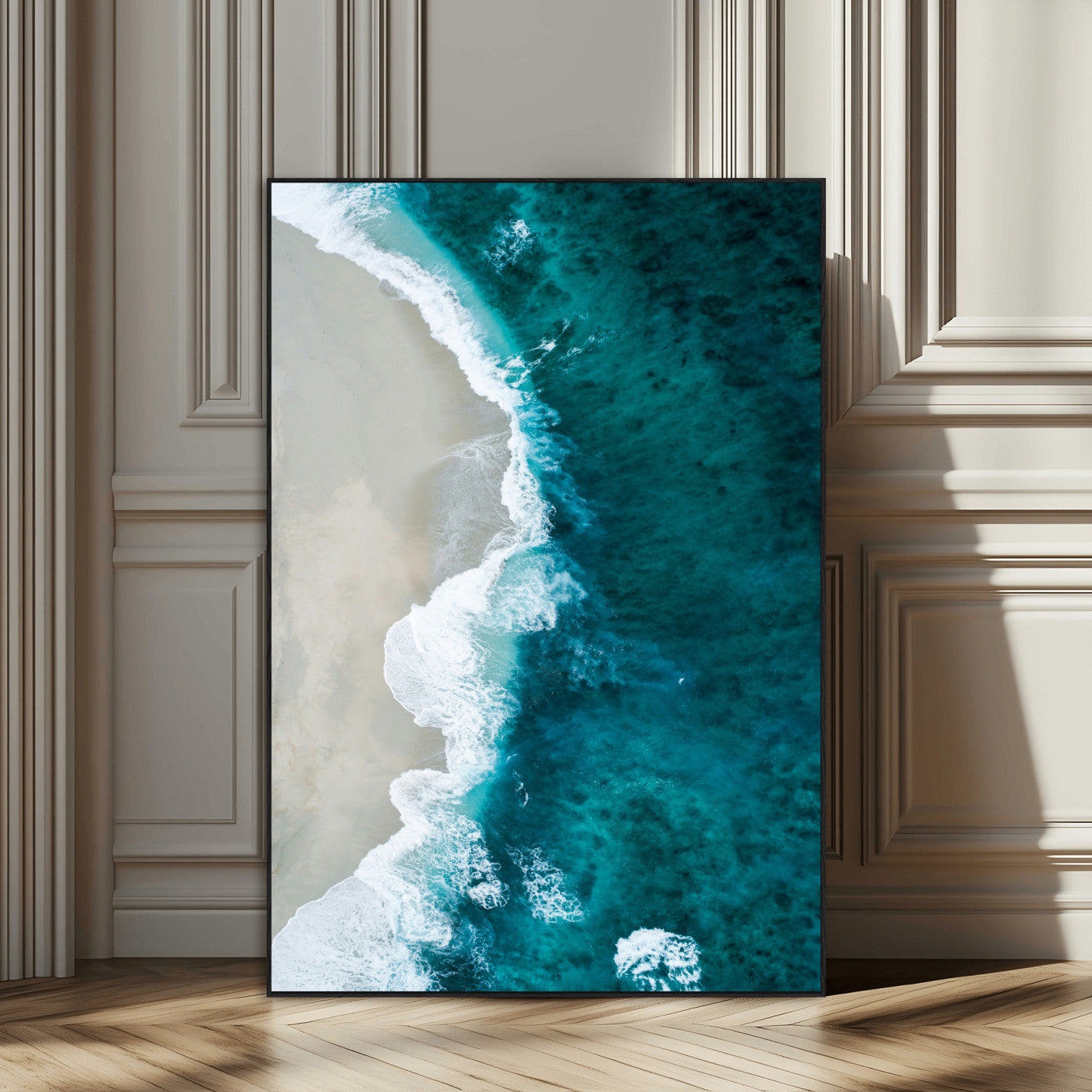 SEG-FC-51X34_Oversize - Aerial Ocean View Wall Art Canvas Print, Framed Coastal Serenity Art Picture Print, Turquoise Waves Perfect Modern Coastal Decor Artwork