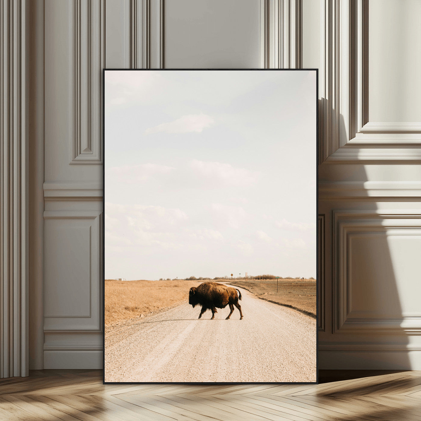 SEG-FC-51X34_Oversize - Bison Crossing Wall Art Canvas Print, Framed Western Landscape Art Picture Print, Prairie Road Perfect Modern Ranch Decor Decor Artwork