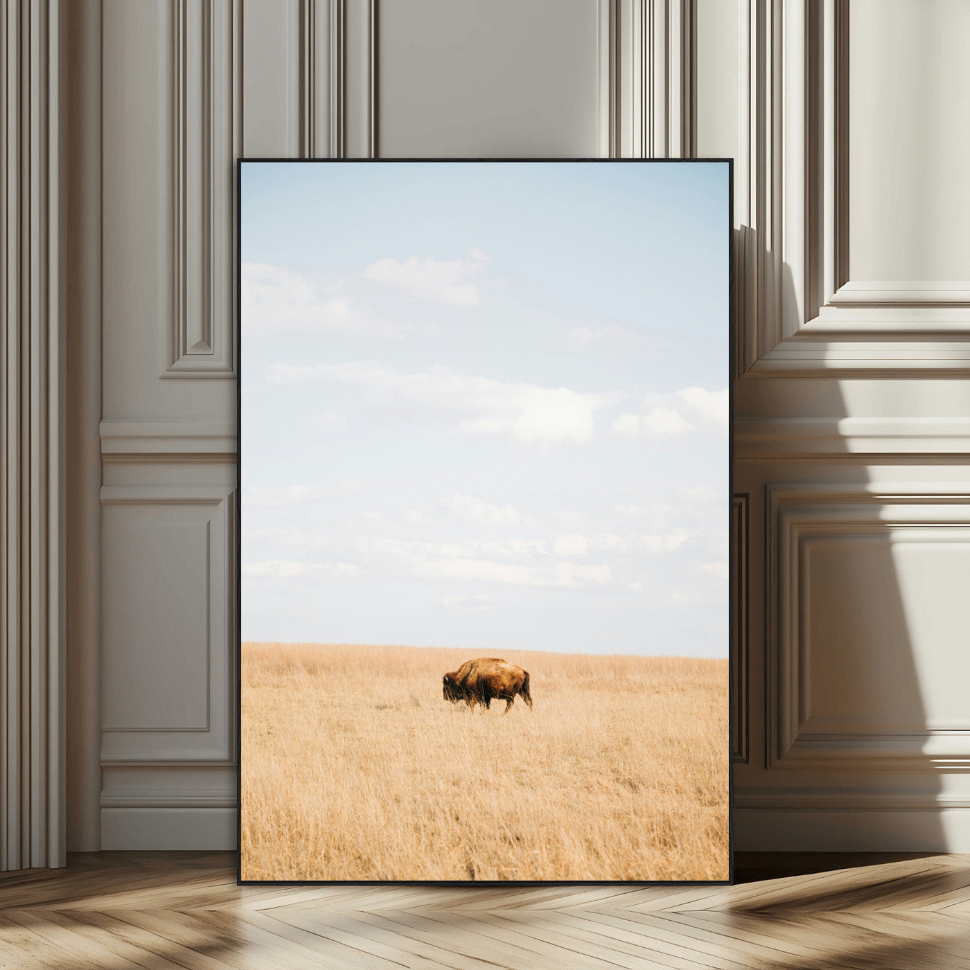 96766166-SEG-FC-51X34_Oversize_Oversize-Minimalist Nature Wall Art Canvas Print, Framed Bison In Grassland Art Picture Print, Open Field