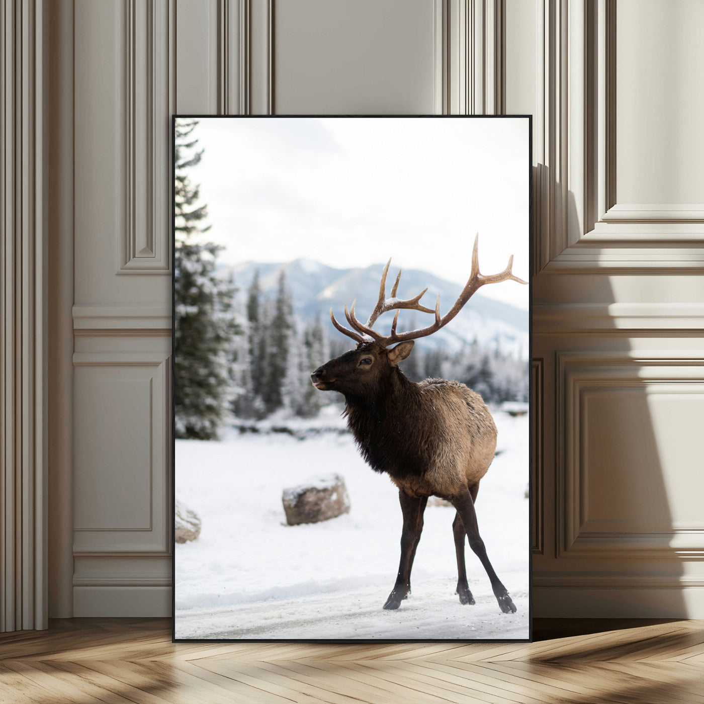 SEG-FC-51X34_Oversize - Elk Photography Wall Art Canvas Print, Framed Winter Wildlife Art Picture Print, Snowy Mountains Perfect Rustic Cabin Decor Decor Artwork