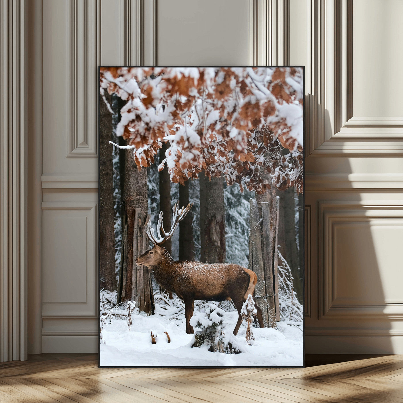 SEG-FC-51X34_Oversize - Serene Landscape Wall Art Canvas Print, Framed Winter Wonderland Art Picture Print, Winter Deer Perfect Cabin Decor Artwork