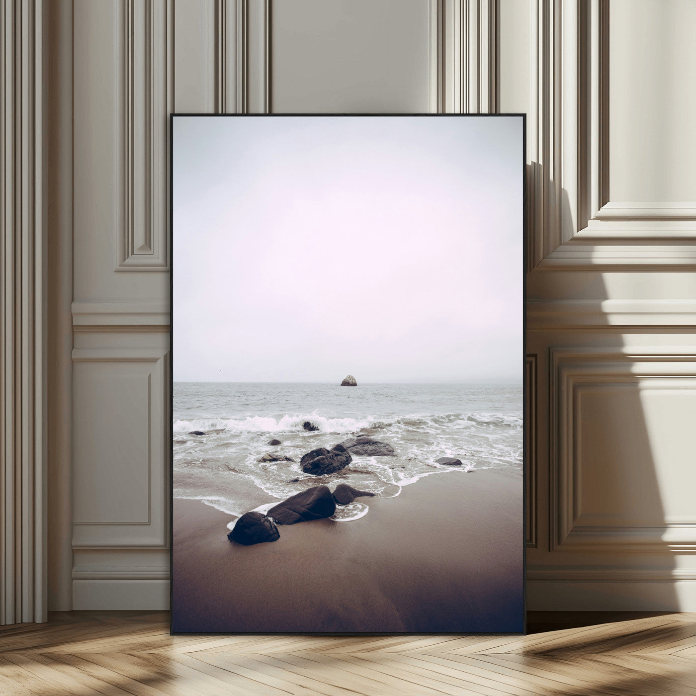 SEG-FC-51X34_Oversize - Moody Seascape Wall Art Canvas Print, Framed Neutral Beach Art Picture Print, Foggy Ocean Perfect Minimalist Decor Artwork