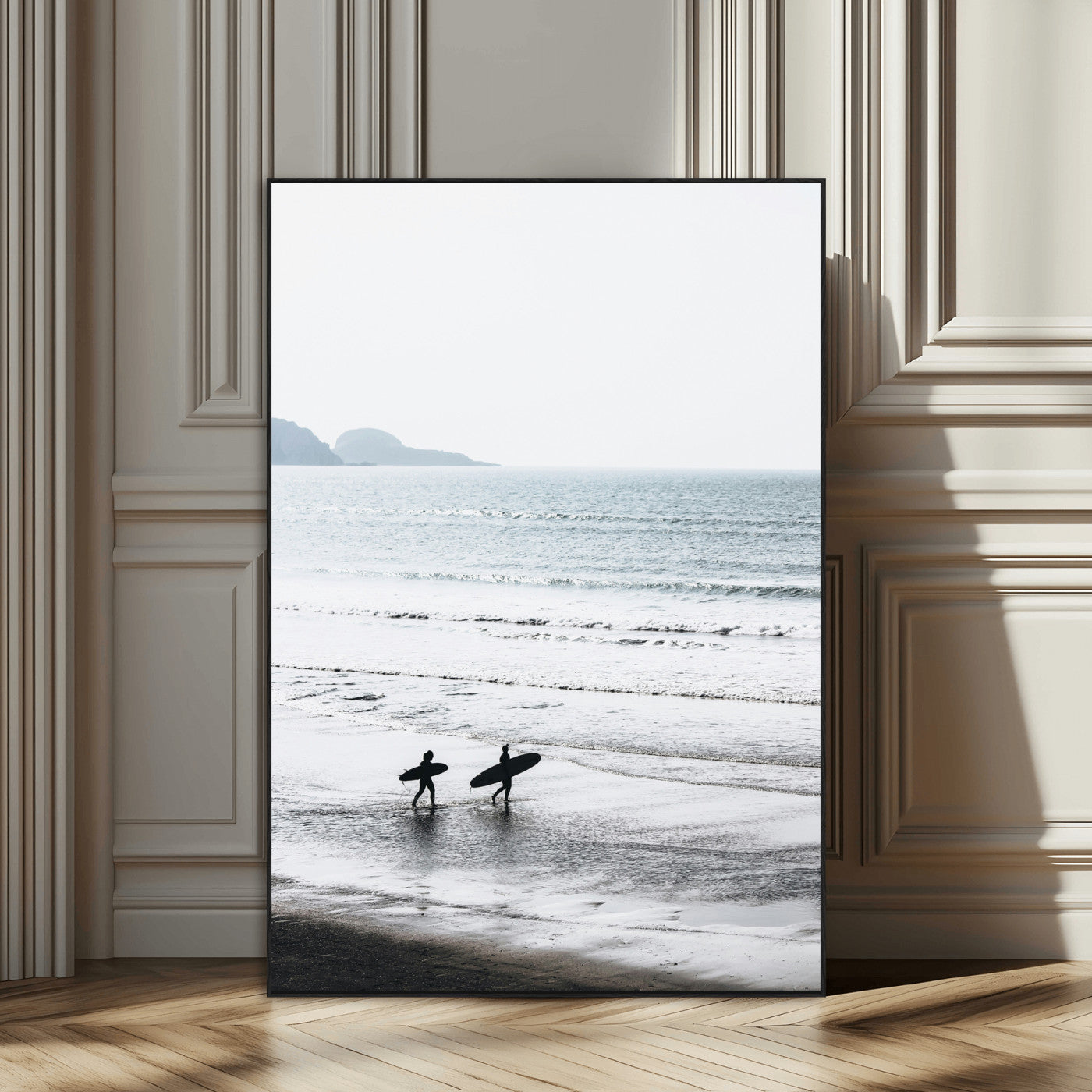 SEG-FC-51X34_Oversize - Surfer Silhouettes Wall Art Canvas Print, Framed Minimalist Ocean Art Picture Print, Soft Horizon Perfect Minimalist Coastal Decor Artwork