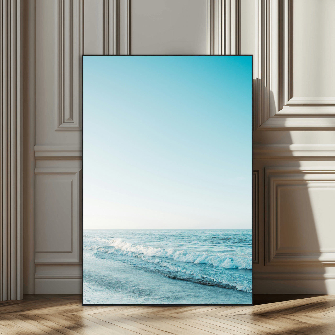 SEG-FC-51X34_Oversize - Minimalist Ocean Wall Art Canvas Print, Framed Calm Seascape Art Picture Print, Soft Blue Tones Perfect Coastal Minimalist Decor Artwork