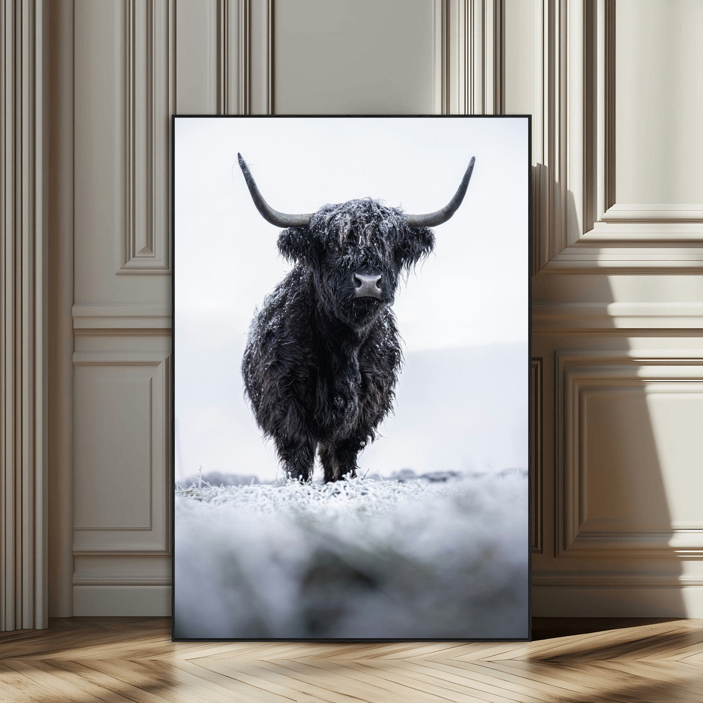 SEG-FC-51X34_Oversize - Frosty Black Highland Wall Art Canvas Print, Framed Moody Winter Aesthetic Art Picture Print, Scottish Highlands Perfect Modern Rustic Decor Artwork