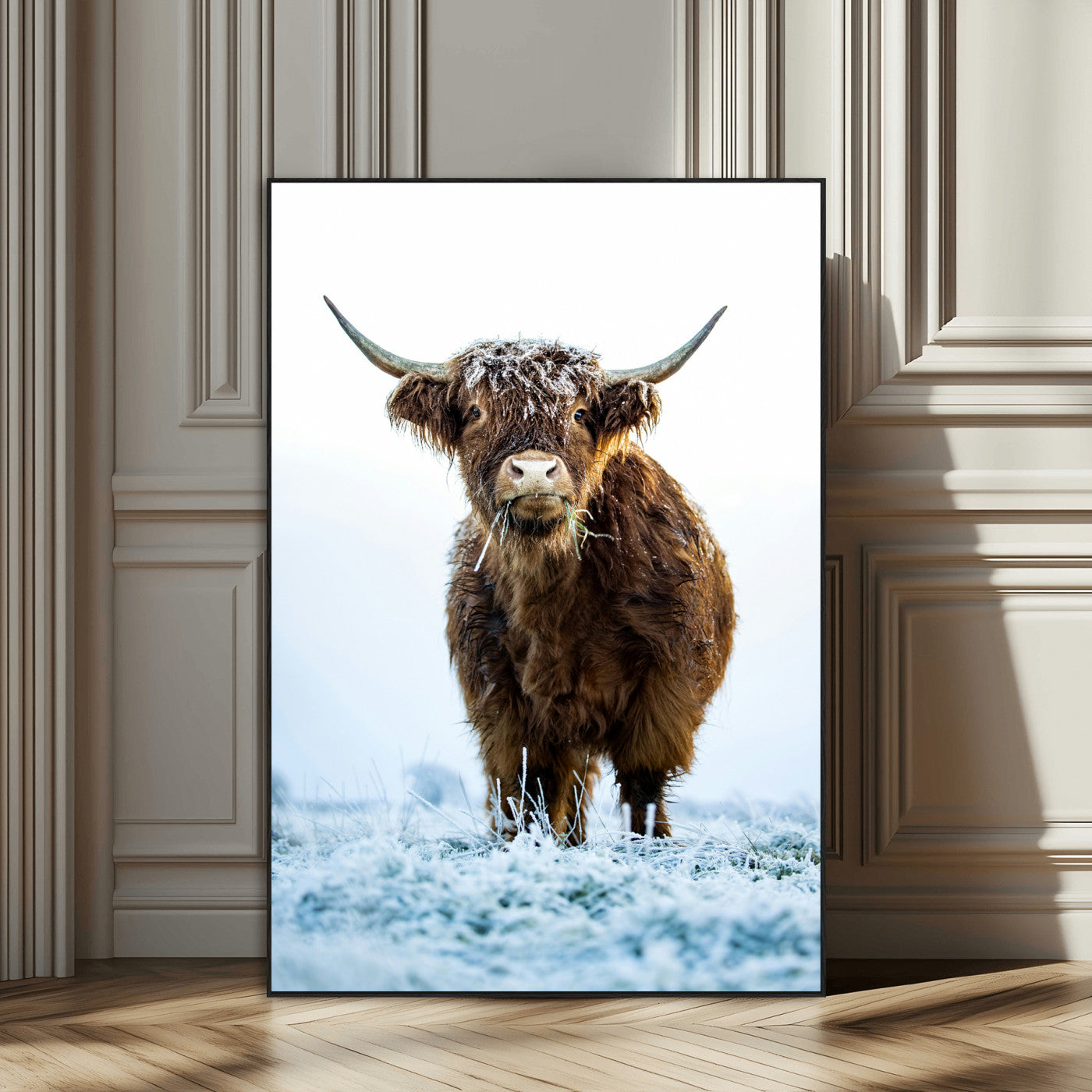 SEG-FC-51X34_Oversize - Highland Cow Wall Art Canvas Print, Framed Frosty Grass Art Picture Print, Winter Scene Perfect Rustic Farmhouse Decor Artwork