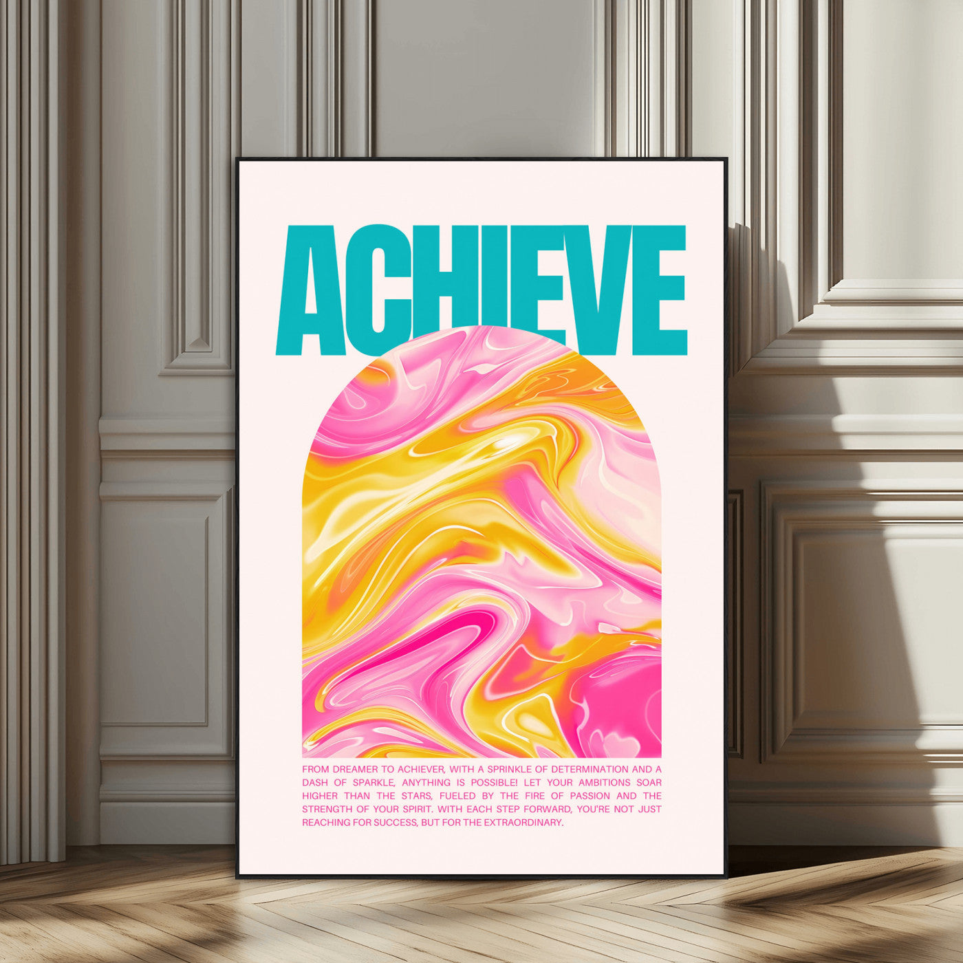SEG-FC-51X34_Oversize - Achieve Motivational Poster Canvas Wall Art – Inspirational Abstract Pink & Yellow Swirls, Positive Quote Decor for Office, Home
