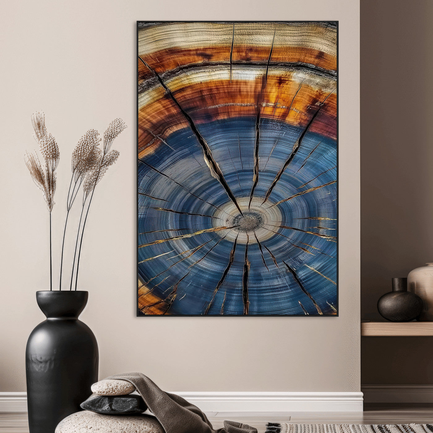 SEG-FC-51X34_Oversize - Tree Rings Wall Art Canvas Print, Framed Wood Texture Art Picture Print, Blue Grain Perfect Rustic Modern Decor Artwork