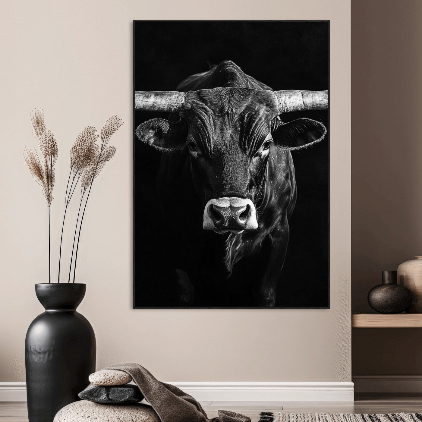 SEG-FC-51X34_Oversize - Texas Longhorn Wall Art Canvas Print, Framed Monochrome Bull Art Picture Print, Horned Bull Perfect Minimalist Western Decor Artwork