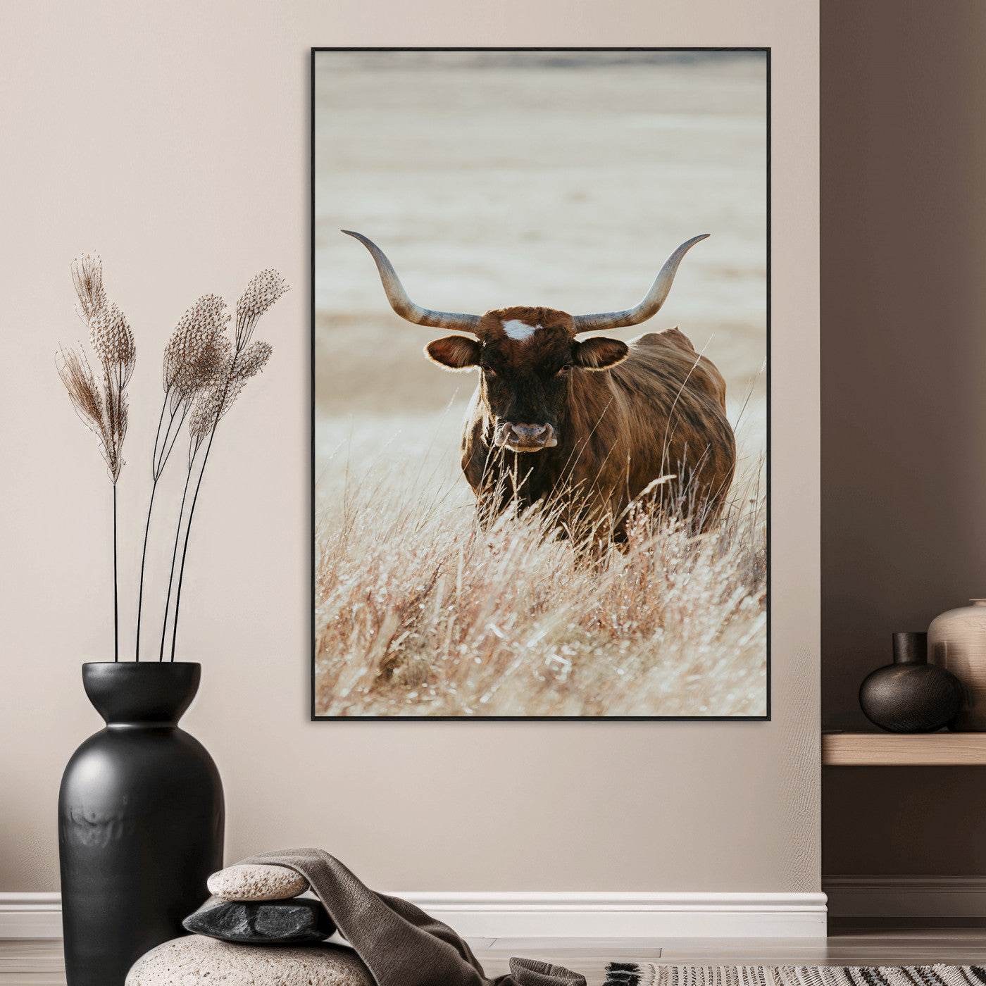 SEG-FC-51X34_Oversize - Texas Longhorn Wall Art Canvas Print, Framed Brown Cattle Art Picture Print, Horned Bull Perfect Rustic Western Decor Artwork