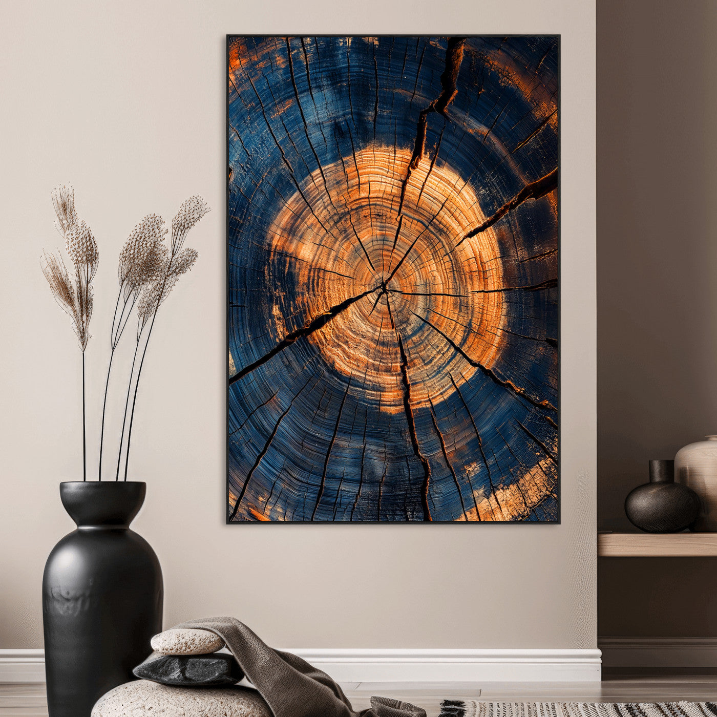 SEG-FC-51X34_Oversize - Tree Rings Wall Art Canvas Print, Framed Rustic Texture Art Picture Print, Wood Grain Perfect Rustic Industrial Decor Artwork
