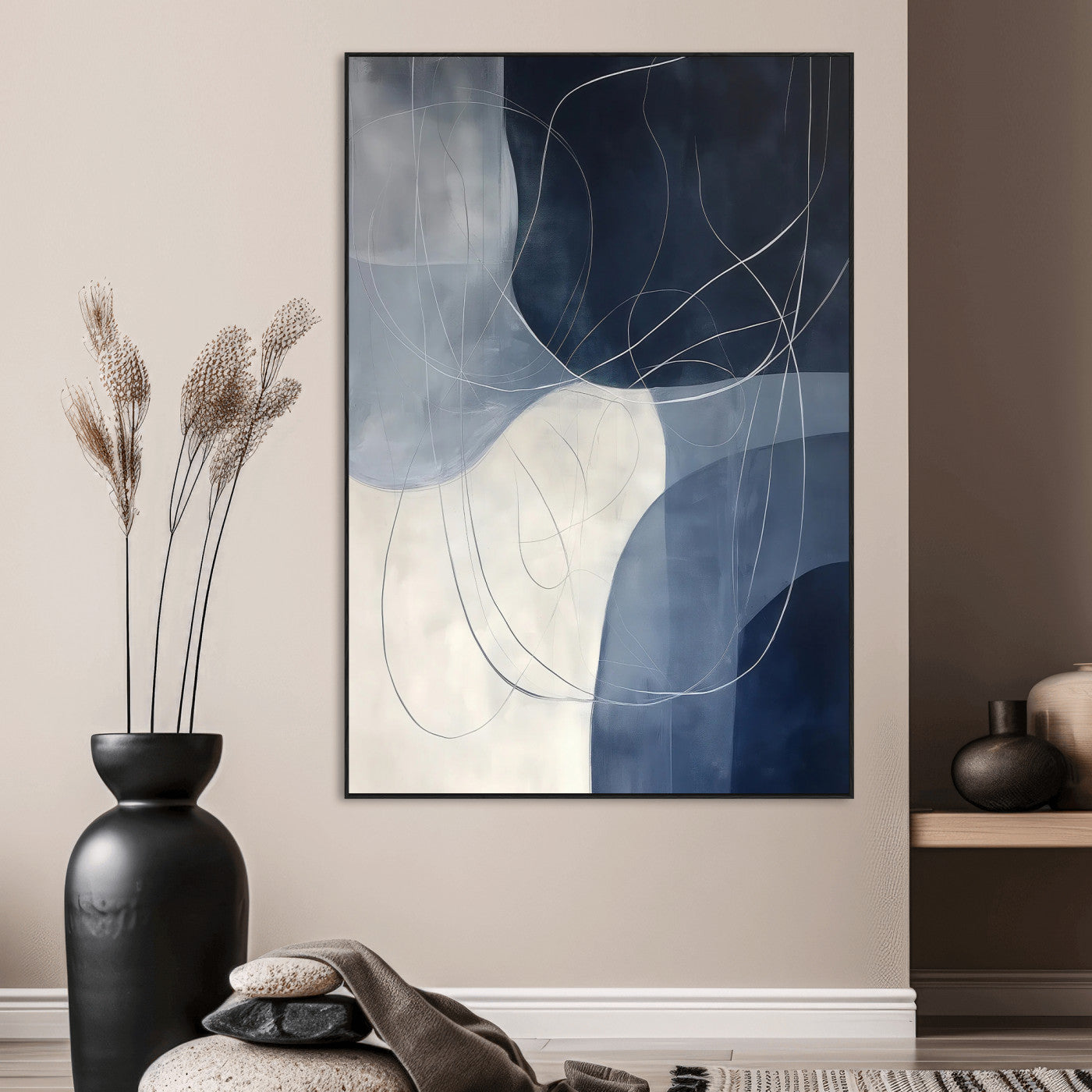 SEG-FC-51X34_Oversize - Navy Abstract Wall Art Canvas Print, Framed Minimal Lineart Art Picture Print, Abstract Shapes Perfect Minimalist Abstract Decor Artwork