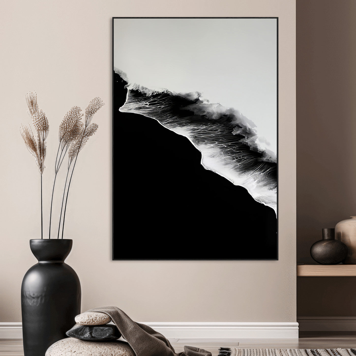 SEG-FC-51X34_Oversize - Ocean Wave Wall Art Canvas Print, Framed Abstract Wave Art Picture Print, Monochrome Sea Perfect Modern Minimal Decor Artwork