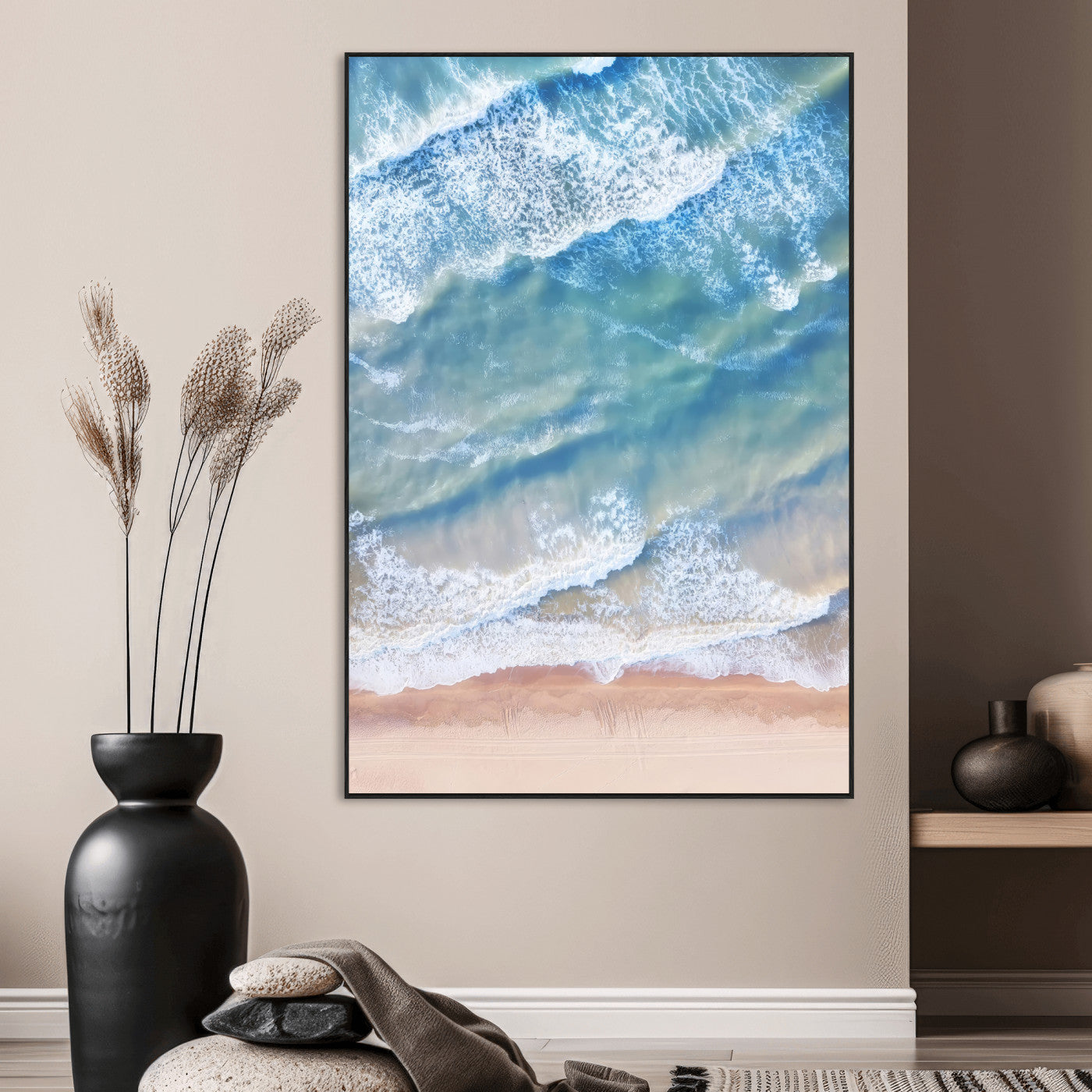 SEG-FC-51X34_Oversize - Aerial Ocean View Wall Art Canvas Print, Framed Soft Blue Waves Art Picture Print, Sandy Shoreline Perfect Modern Coastal Decor Artwork