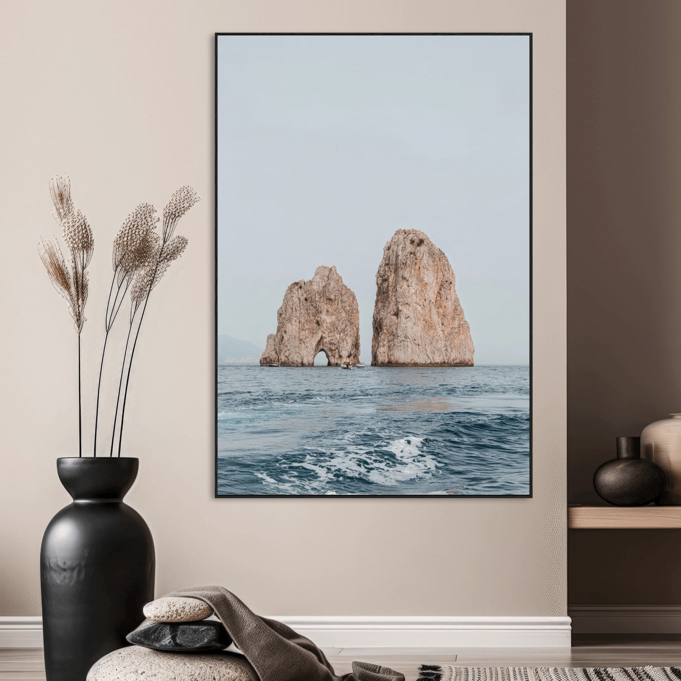 SEG-FC-51X34_Oversize - Faraglioni Capri Wall Art Canvas Print, Framed Serene Ocean Art Picture Print, Mediterranean Coastal View Perfect Mediterranean Minimalist Decor Artwork
