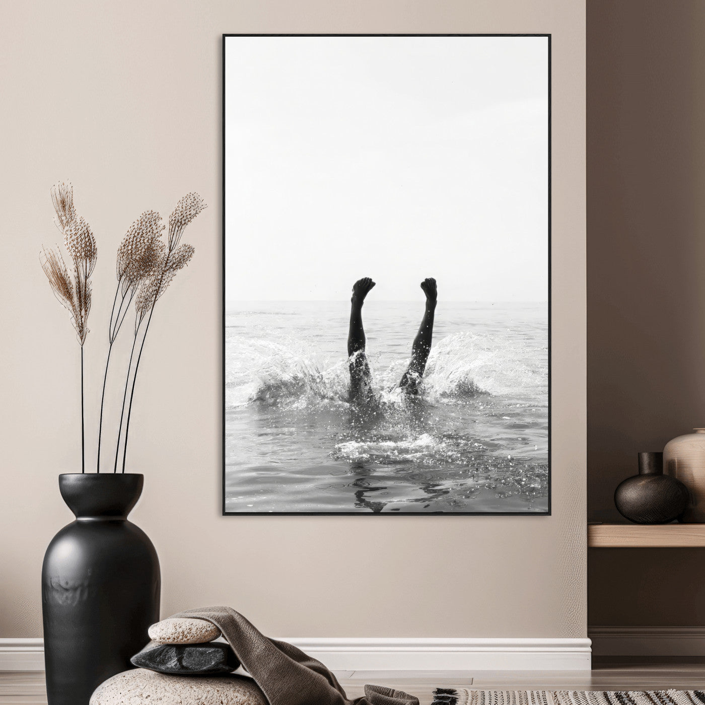SEG-FC-51X34_Oversize - Minimal Ocean Wall Art Canvas Print, Framed Monochrome Diving Art Picture Print, Swimmer in Sea Perfect Minimalist Coastal Decor Artwork