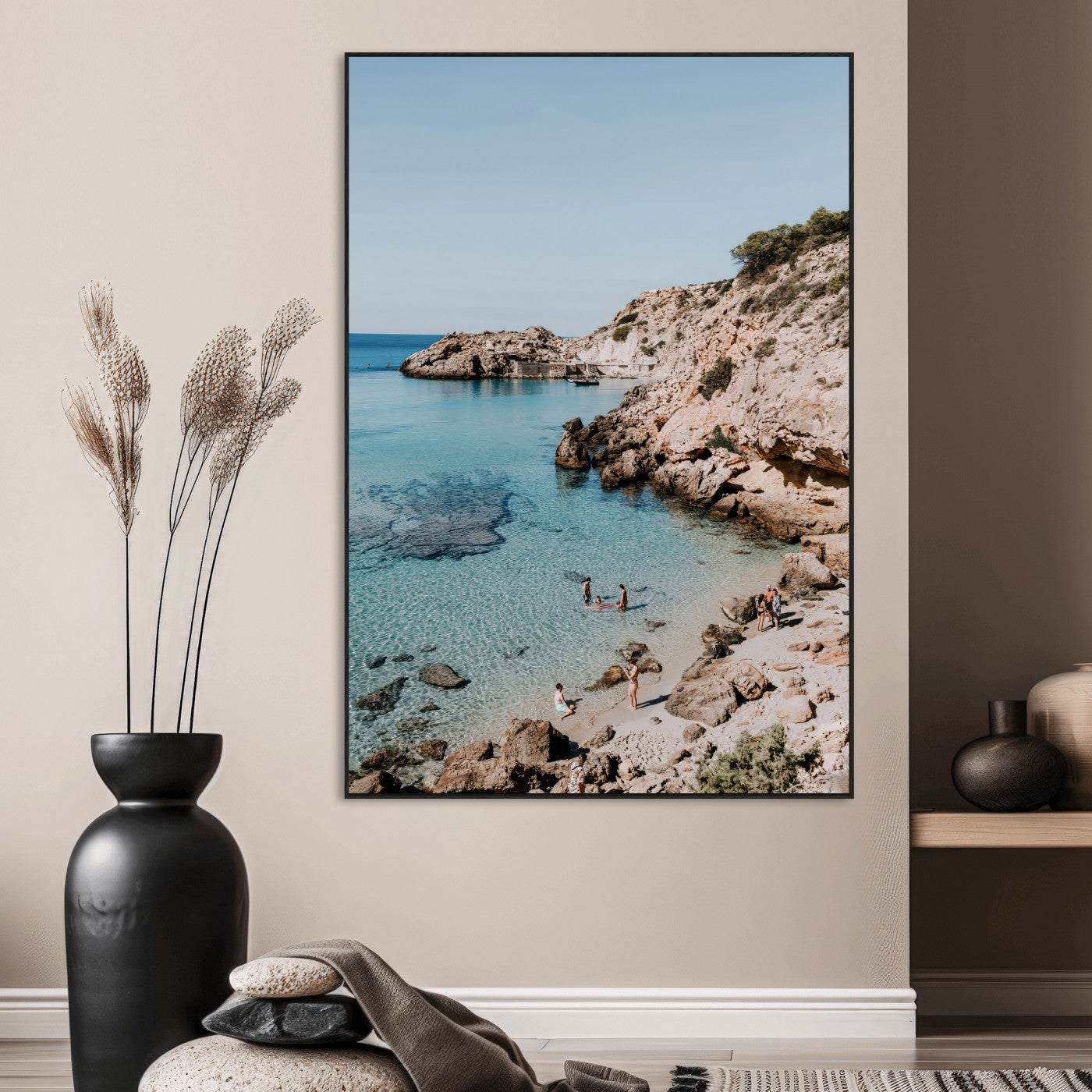 SEG-FC-51X34_Oversize - Turquoise Cove Wall Art Canvas Print, Framed Ibiza Beach Art Picture Print, Mediterranean Shore Perfect Boho Coastal Decor Artwork