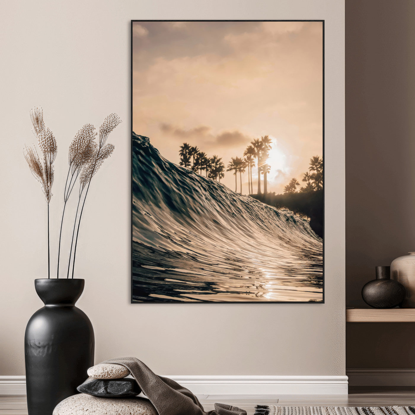 SEG-FC-51X34_Oversize - Golden Hour Ocean Wave Wall Art Canvas Print, Framed Tropical Beach Sunset Art Picture Print, Palm Tree Silhouettes Perfect Tropical Coastal Decor Artwork