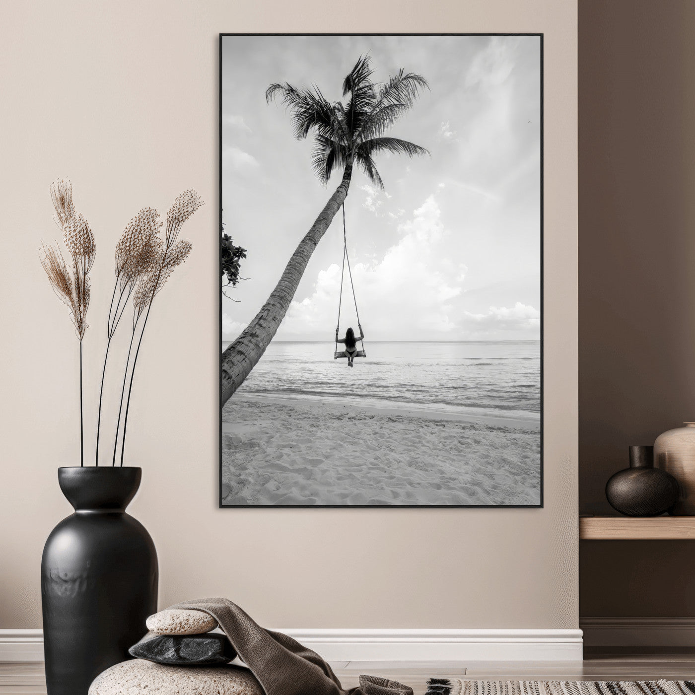 SEG-FC-51X34_Oversize - Black White Palm Tree Wall Art Canvas Print, Framed Minimalist Beach Swing Art Picture Print, Monochrome Coastal Perfect Minimalist Coastal Decor Artwork