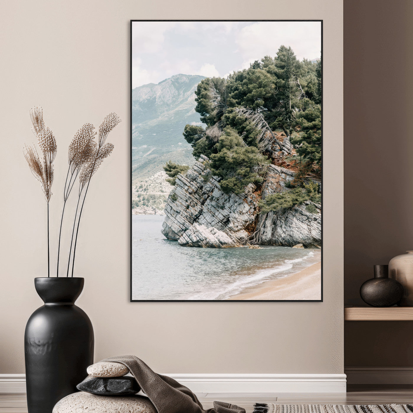 SEG-FC-51X34_Oversize - Beach Trees Wall Art Canvas Print, Framed Earthy Beachside Art Picture Print, Beachside Nature Perfect Rustic Coastal Decor Artwork